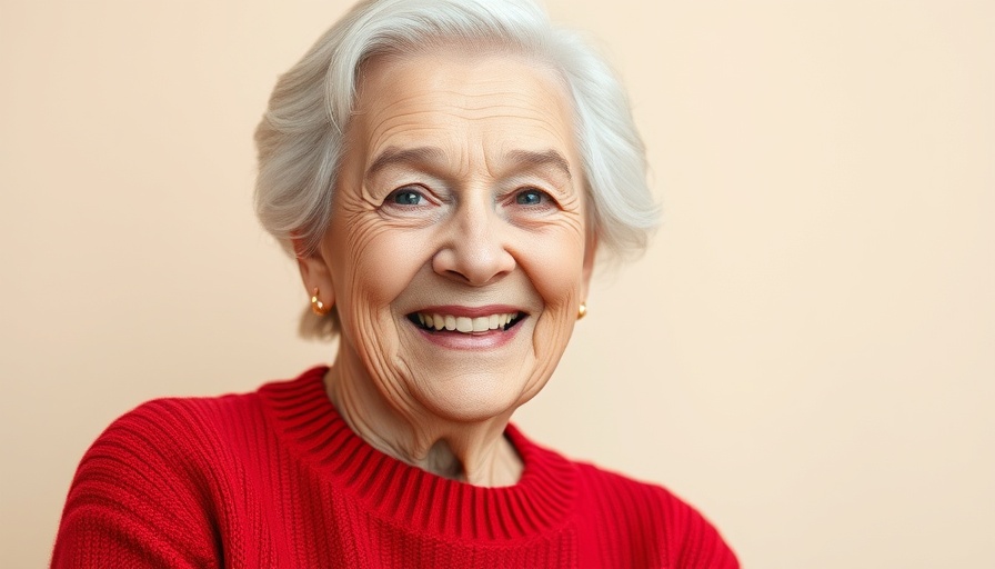 Elderly woman in red sweater smiling, reflecting an oddball childhood experience.