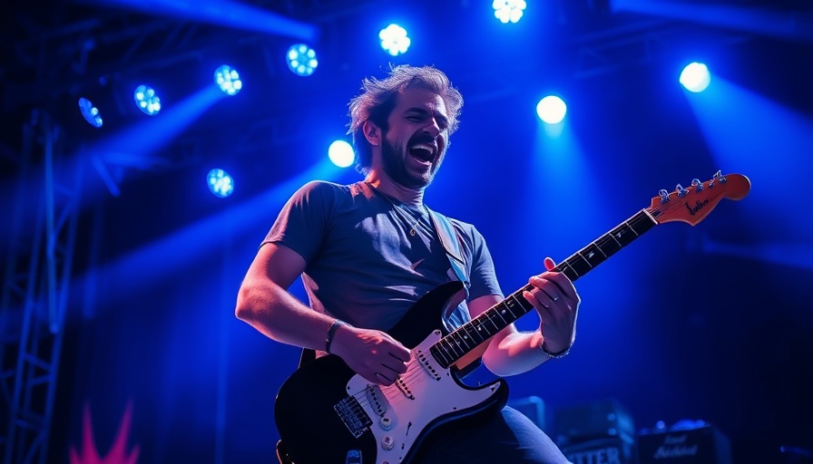 Energetic guitarist on stage at Slowdive concert with blue lights.