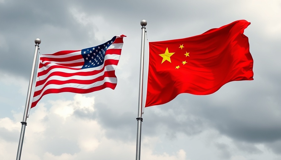 US and China flags waving on flagpoles against cloudy sky.