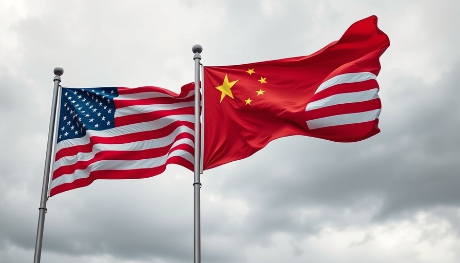 American and Chinese flags waving in the wind, cloudy sky backdrop.