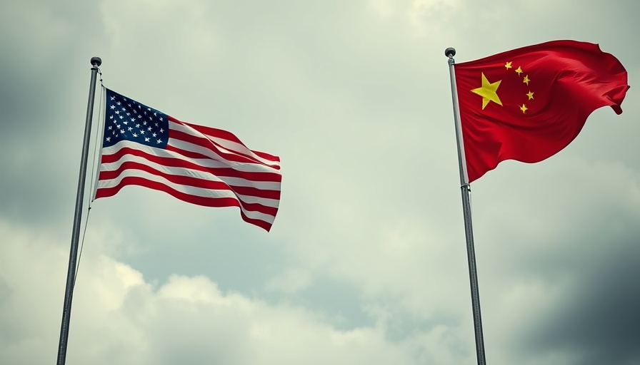 American and Chinese flags against a cloudy sky