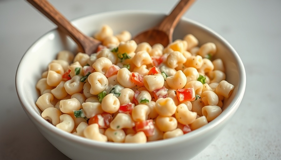 Delicious macaroni salad recipe with creamy dressing in a bowl