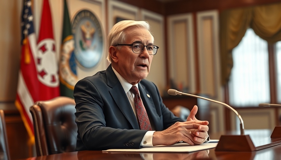 Senior political figure at table, discussing policies in official setting.