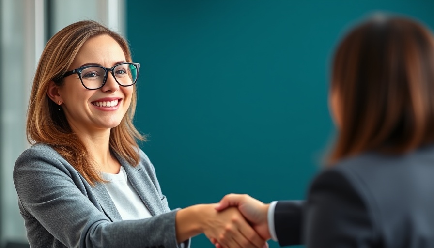Professional woman smiling and shaking hands, indoor meeting.