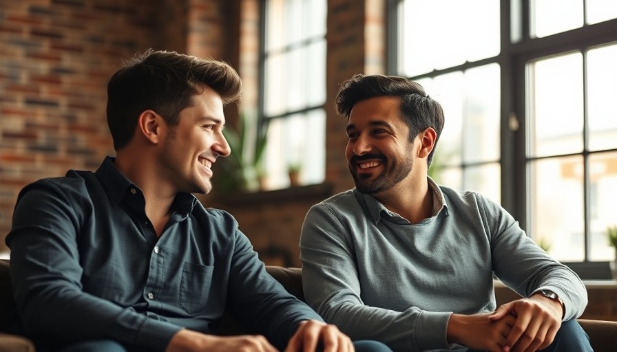 Two men discussing remote work solutions, highlighting the two-body problem.