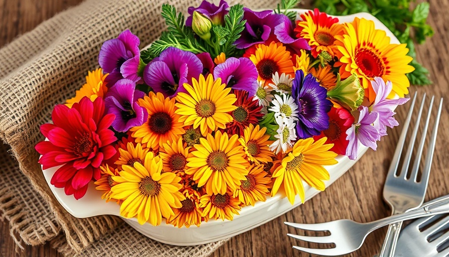 Vibrant edible flowers arranged in a dish on a rustic table.