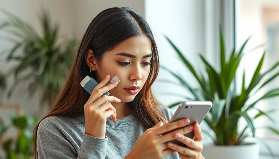 Woman using inhaler and smartphone, hormonal birth control and asthma risks.