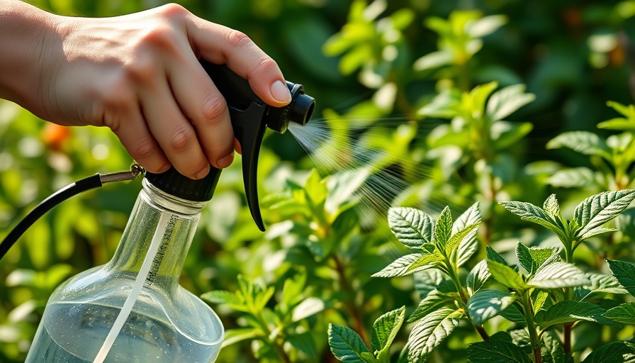 Hand spraying a natural pest control solution on plants in a garden.