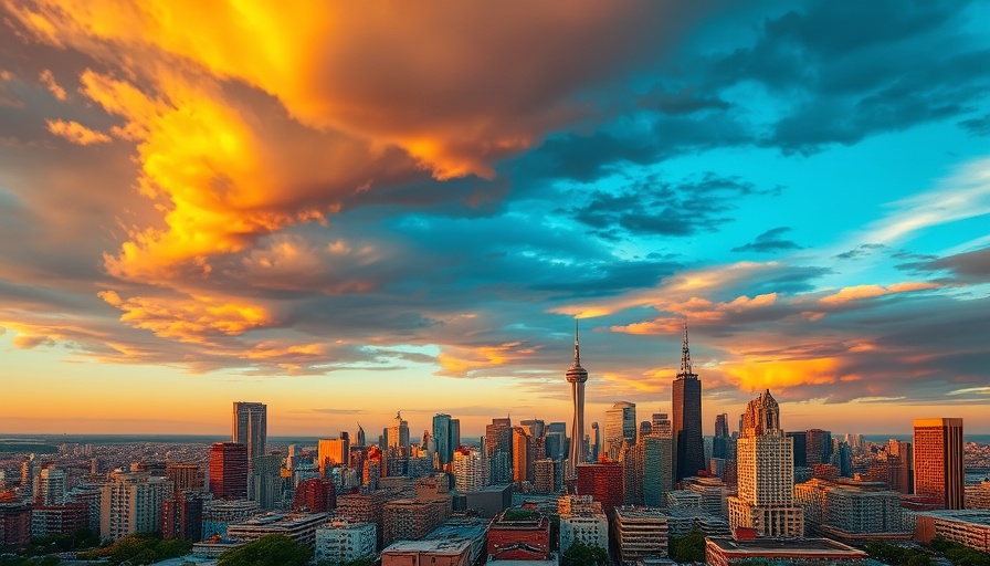 Diverse urban skyline under sunset, potential real estate area.
