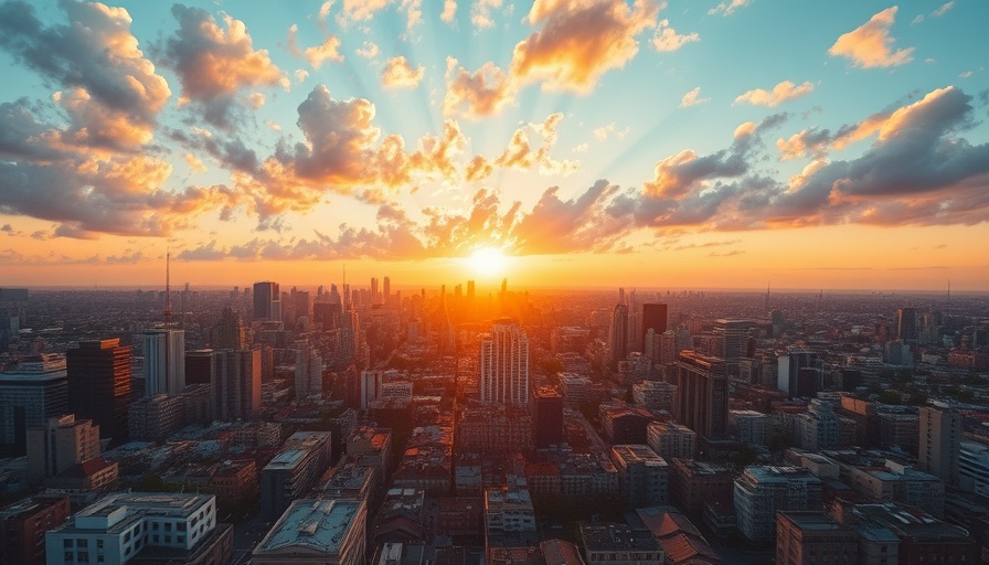 Vibrant downtown skyline during sunset, homes for sale under 300K.