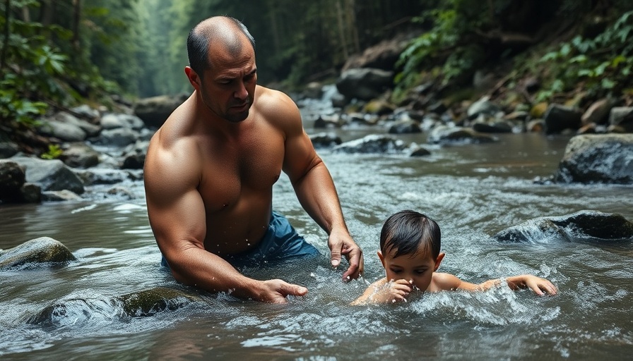 Health hazard warning: older man assists child in murky creek.