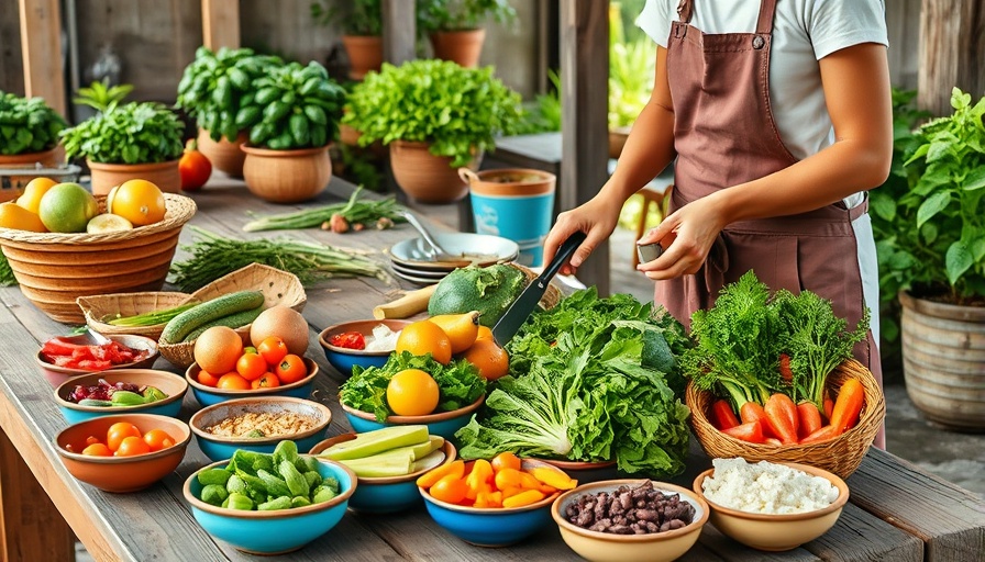 Vibrant outdoor kitchen scene with fresh vegetables and rustic table.