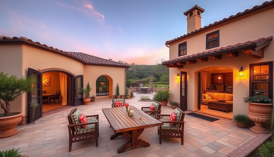Mediterranean patio with rustic furniture under evening sky, highlighting home features.