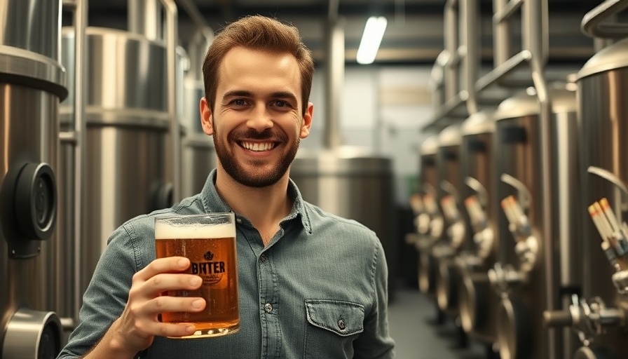 Smiling man in brewery holding beer glass for Bay Area breweries awards.