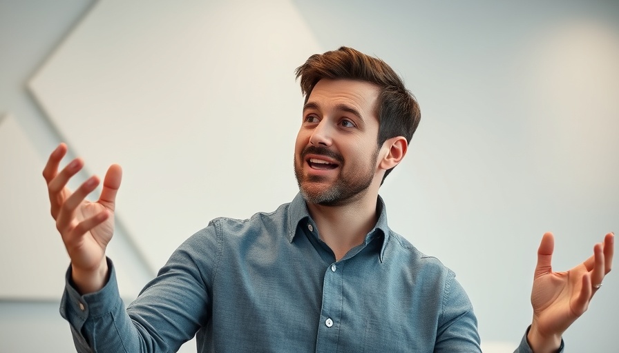 Male speaker enthusiastically discussing business startup funding at conference.