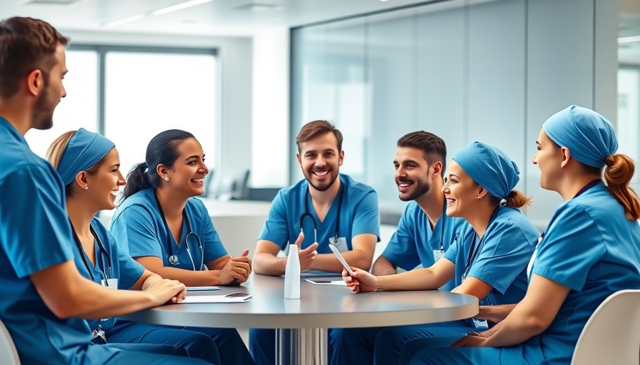 Medical professionals in blue scrubs engaging in teamwork in an office.