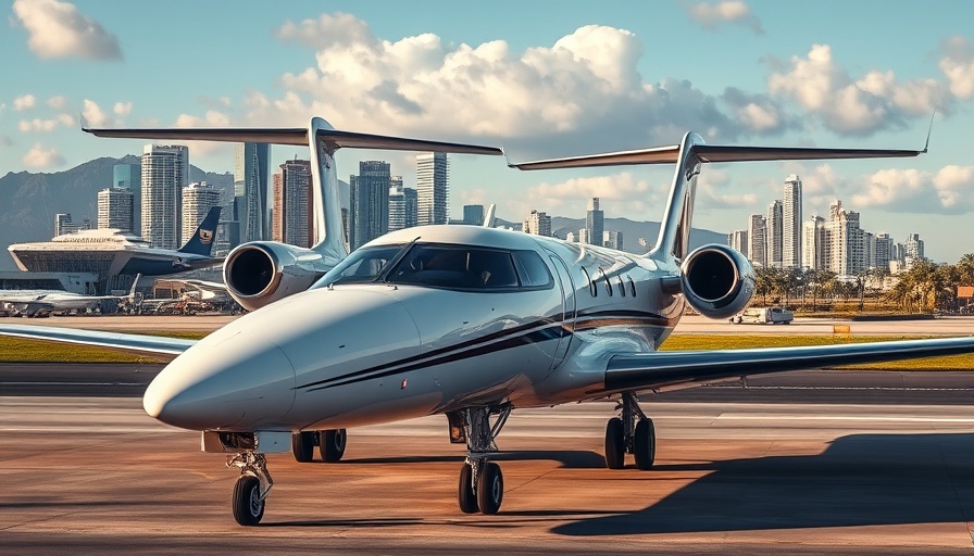 Private jet parked at airport with city backdrop