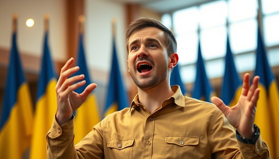Energetic speaker during Ukraine peace talks in Turkey with flags