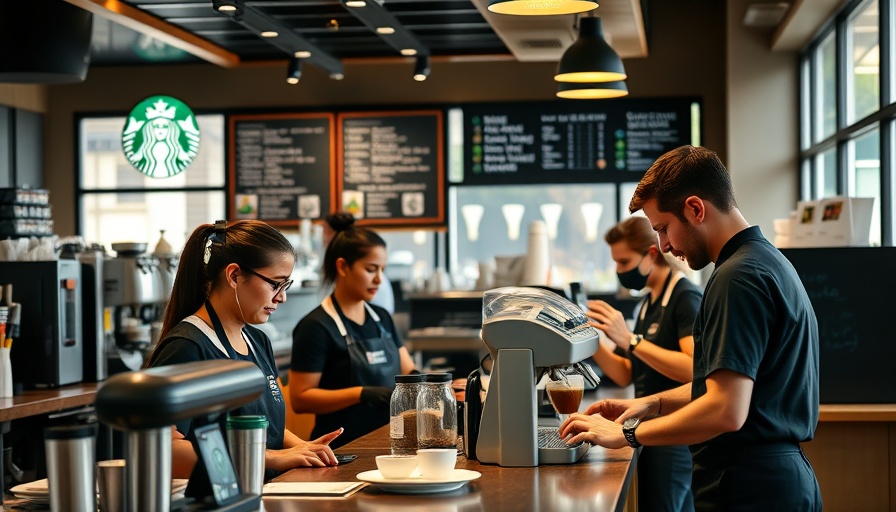 Starbucks baristas working at the counter, preparing drinks.
