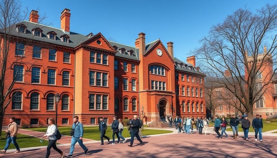 Historic Harvard building with students, Trump cuts Harvard funding context.