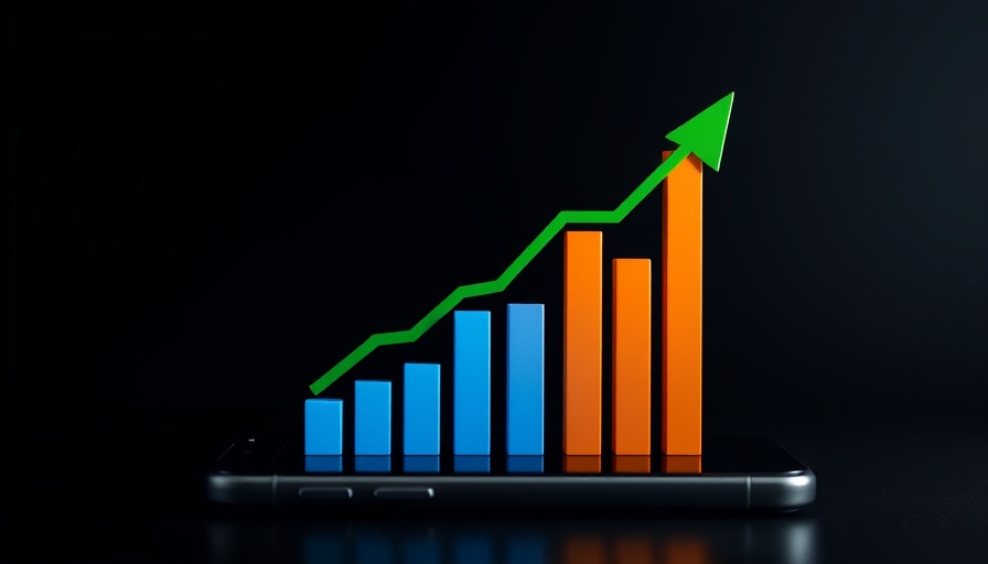 Abstract financial graph with bars and arrow on smartphone.