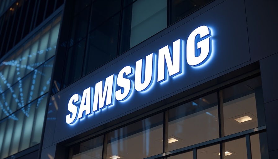 Samsung Electronics logo glowing on modern building facade.