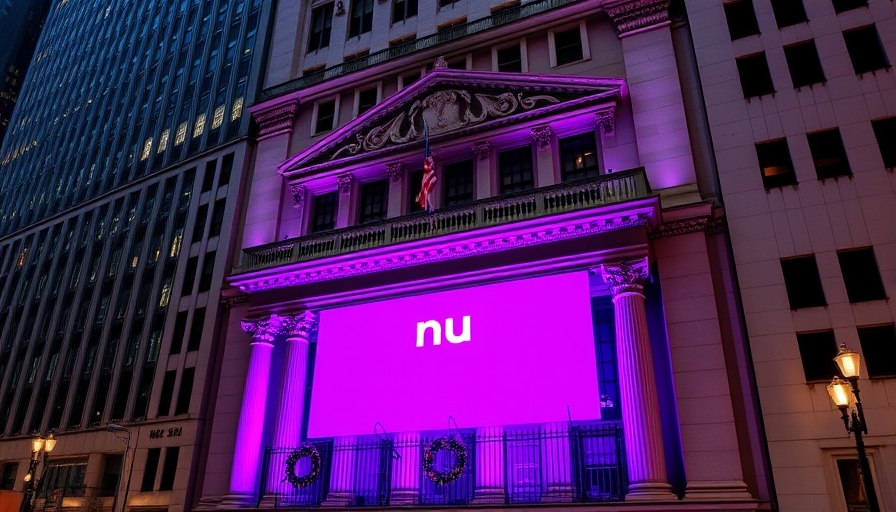 Nubank profit report featured at New York Stock Exchange with bright purple lighting.