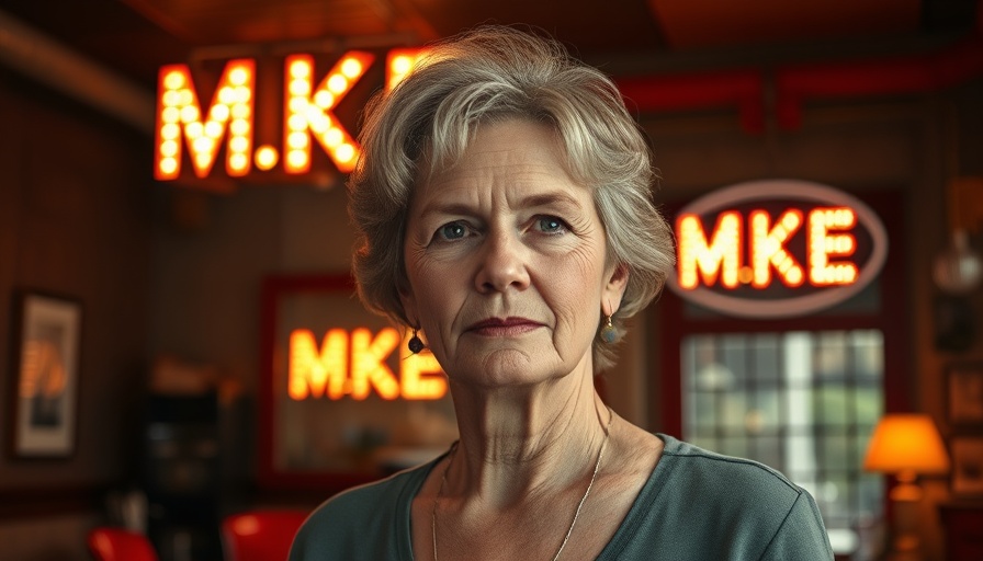 Middle-aged woman in vintage room with 'MKE' sign.