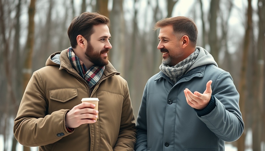 Two men in winter jackets having a conversation outdoors.