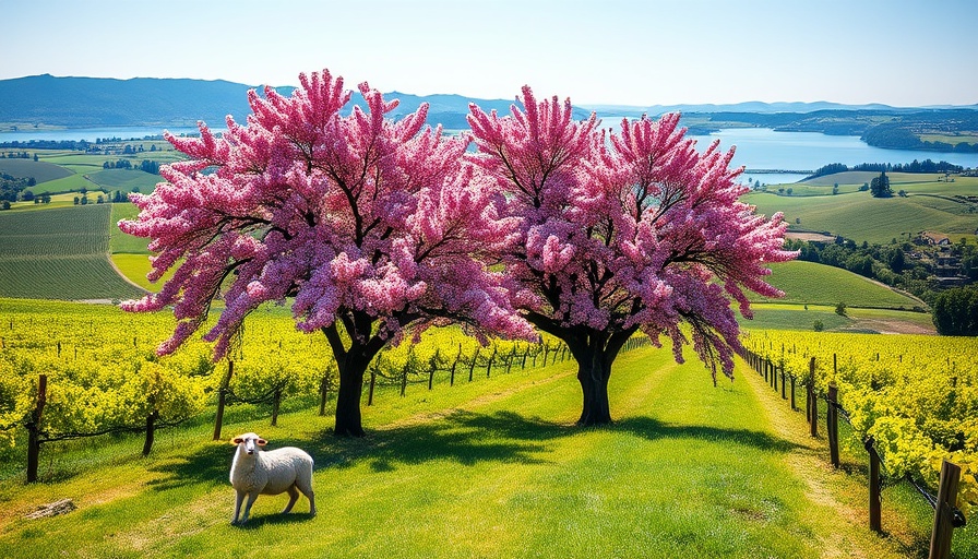 Scenic Northern California vineyard with pink blooming trees.