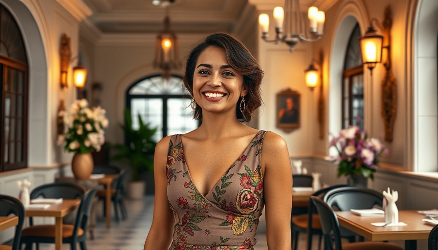 Mediterranean restaurant in Tiburon with woman standing confidently.