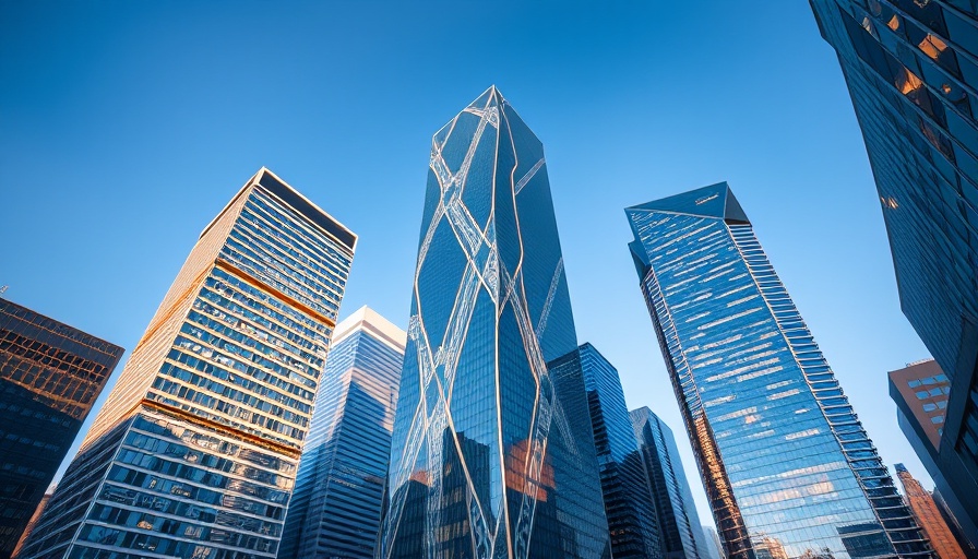 Modern skyscrapers reflecting light with geometric designs, urban skyline.