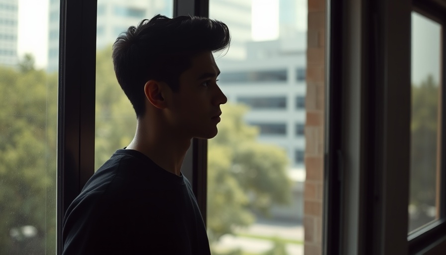 Contemplative man looking out window in urban setting with greenery.