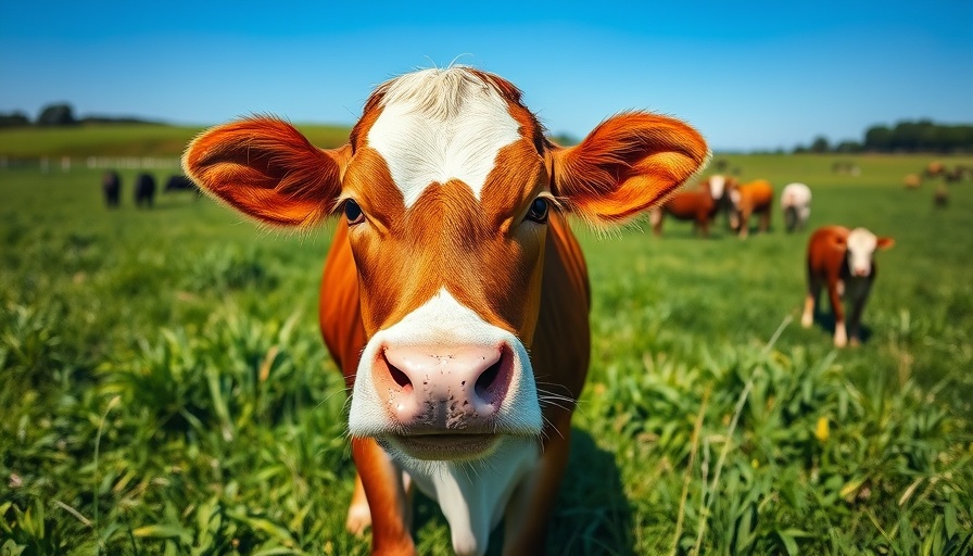 Curious cow in green pasture, possible screwworm outbreak backdrop.