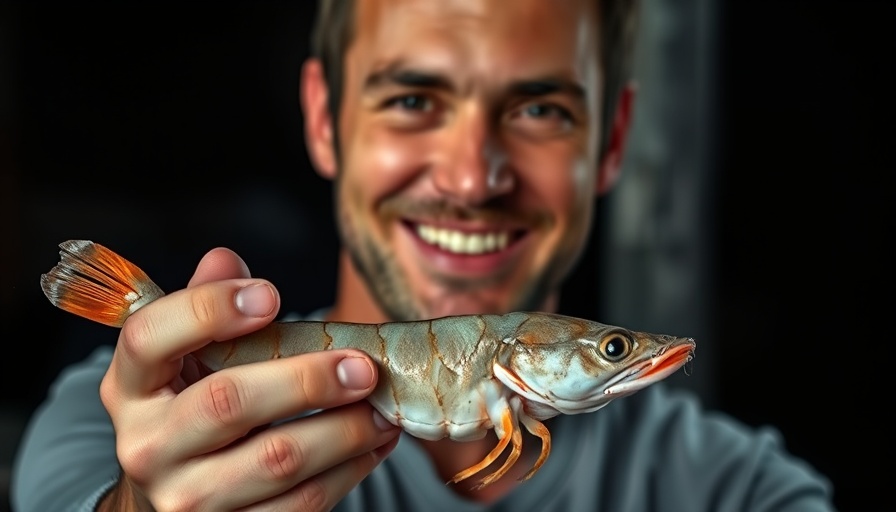 Southeast Asia fisheries resilience: smiling man with shrimp.