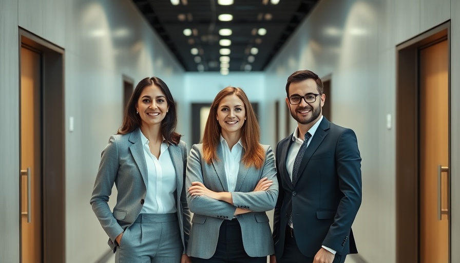 Three business professionals in sleek office hallway.