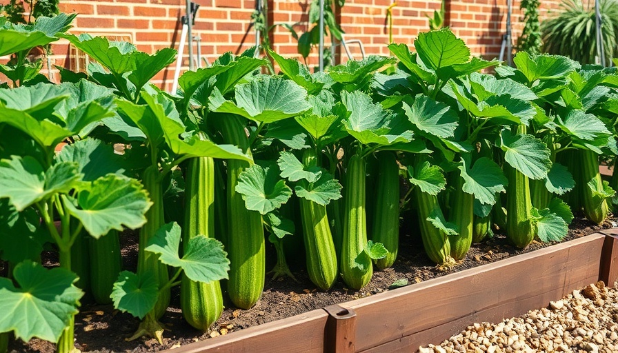 Thriving zucchini plants in a sunny garden with brick backdrop.