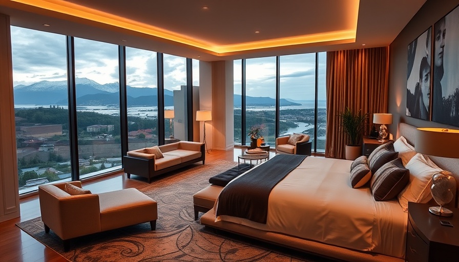 Luxurious modern bedroom interior design with elegant decor and scenic views.