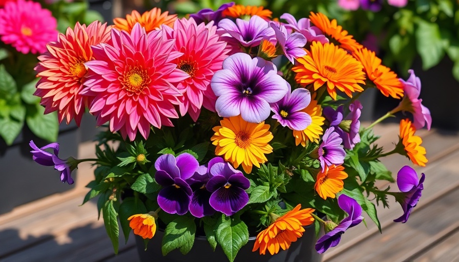 Lively spring flower arrangement in a black pot on a garden table.