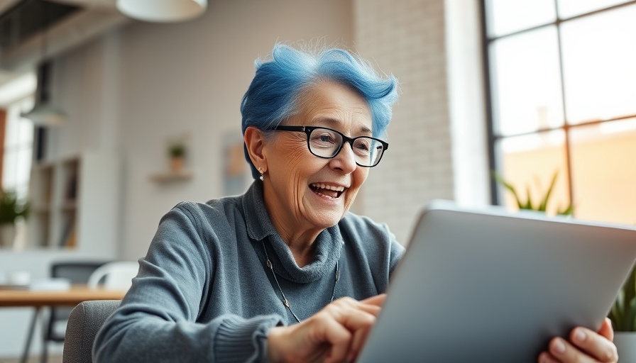 Senior in a vibrant community engaging in a video call.