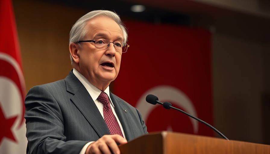 Man in suit speaking before a flag backdrop.