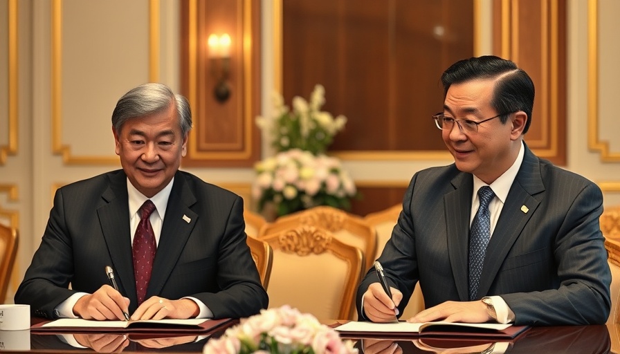 Leaders in formal setting during signing ceremony.