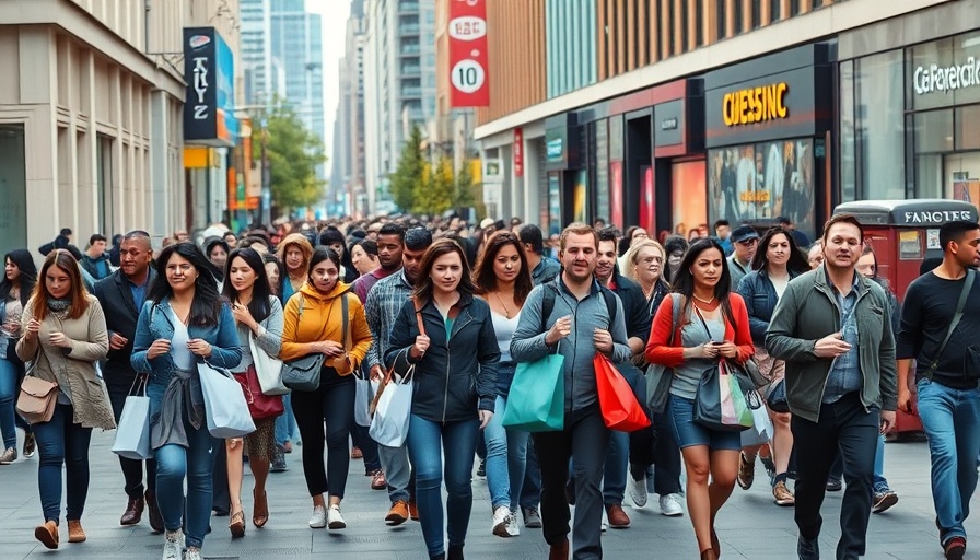 Diverse group on UK city street, retail bags.