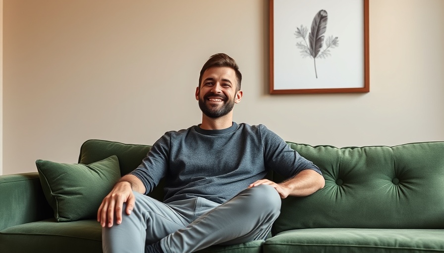 Man relaxing in a minimalist room, Airbnb new app services focus.