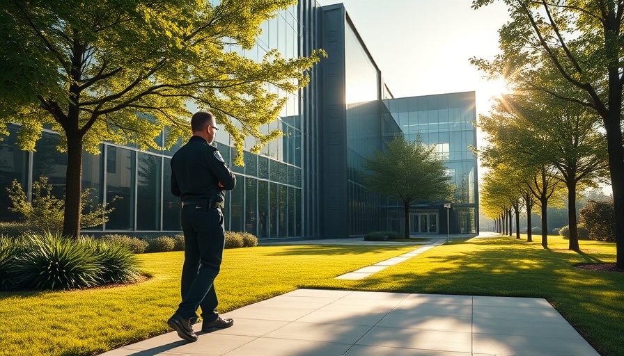 Modern Microsoft building with security guard in morning light.