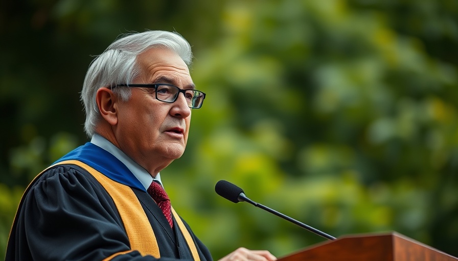 Harvard President Garber speaking at podium outdoors.