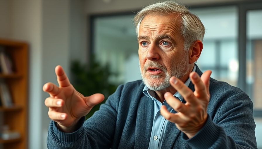Elderly man discussing RFK Jr. staffing cuts indoors, gesturing animatedly.