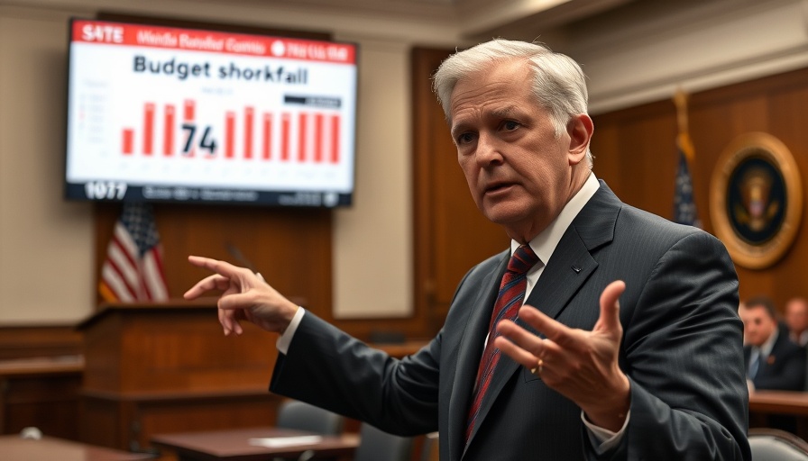 California budget shortfall presentation with concerned male speaker.