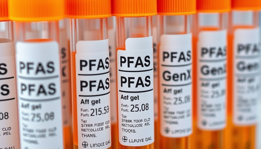 Lab test tubes with PFAS labels, focus on water regulations.