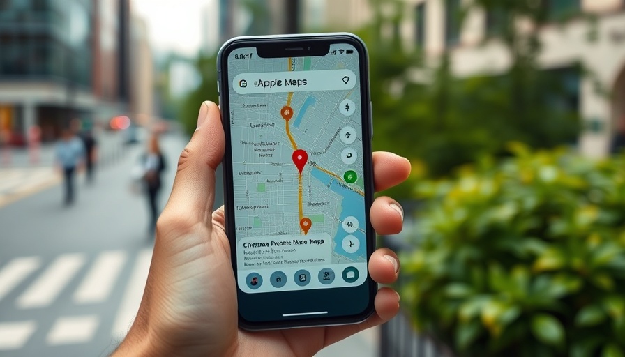 Hand holding phone with Apple Maps in urban setting.